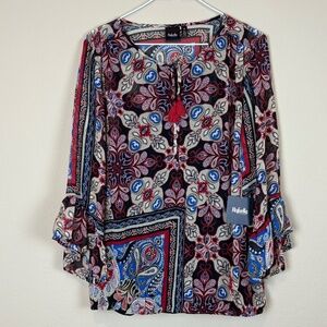NWT Rafaella Black/Tan/Blue/Red Paisley Boho Sheer Blouse w/ Built In Black Cami